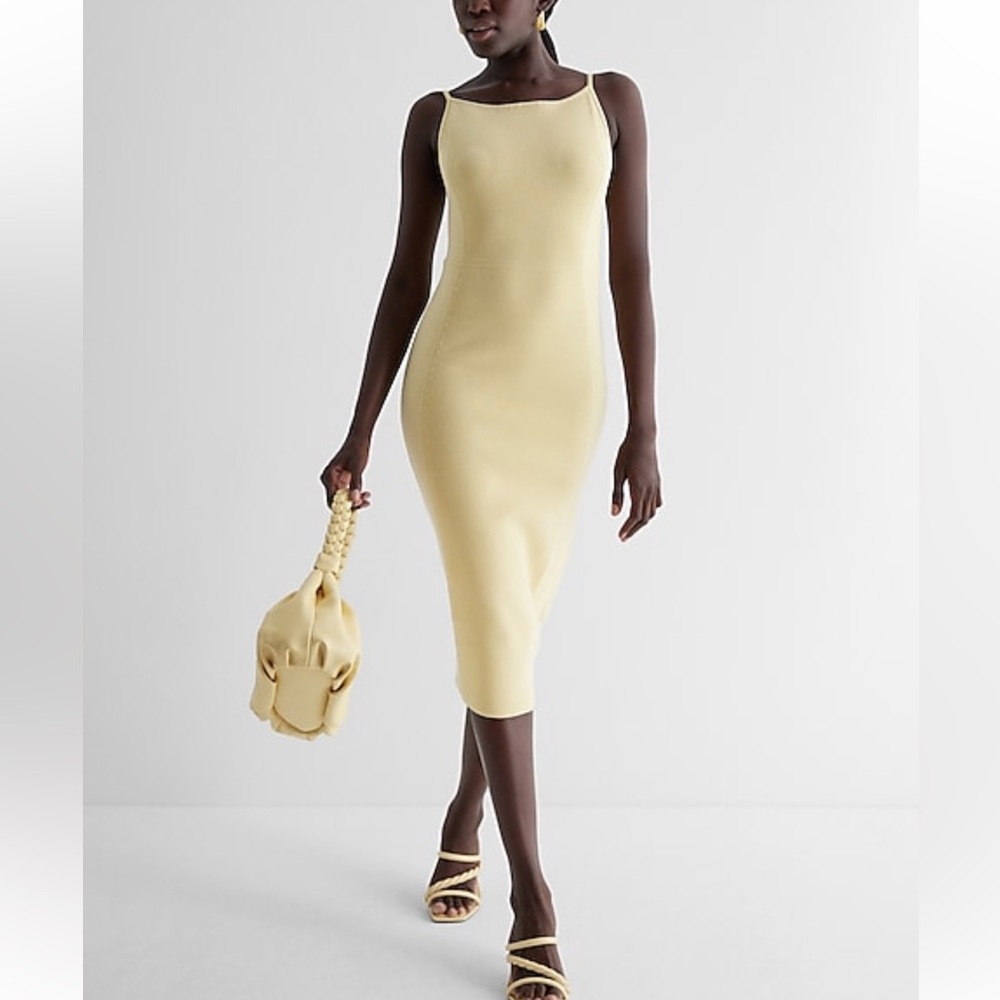 NWT Express Ribbed High Square Neck XL Pale Yellow Sweater Dress - Picture 1 of 5